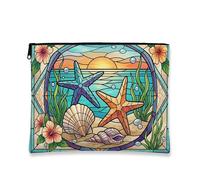 Tropical Stained Glass Makeup Bag, Seashell and Starfish Cosmetic Pouch for Women, Portable Canvas Zipper Organizer, Summer Travel Toiletry Bag, Blue, 7x9 Inch, Seashell