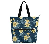 Tropical Style Flower Palm Tree Leaves Yellow and Blue Kids Cute Tote Bags for Boys Girls Adults, Gothic Sturdy Heavy Duty Teacher Tote Bag Library Bag for School Shopping Beach Rainbow