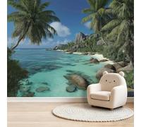 Tropical Style Theme Wall Mural Wallpaper 300x210 cm - Beach Ocean Palm Trees Sky Pattern Poster Non-Woven Art Photo Wallpaper, Blue 3D Effect Wall Mural Covering for Living Room Bedroom Office Decor