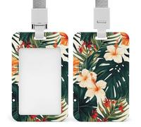 Tropical Summer Hawaiian Flower Palm Leaves Badge Holder Vertical Name Tag Holder Waterproof ID Protector Cover with Durable Detachable Lanyard for Office Factory Teachers