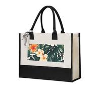Tropical Summer Hawaiian Flower Palm Leaves Canvas Tote Bags Personalized Beach Bag Reusable Grocery Shopping Bag Casual Handbag Top Handle Shoulder Satchel Bags Work Purses Birthday Gifts for Women