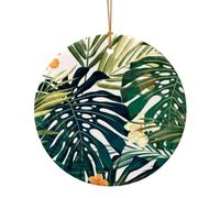 Tropical Summer Hawaiian Flower Palm Leaves Christmas Tree Ceramic Ornaments Pendants, 10cm Round Xmas Ornaments for Novel 1 Piece