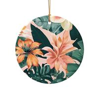 Tropical Summer Hawaiian Flower Palm Leaves Christmas Tree Ceramic Ornaments Pendants, 10cm Round Xmas Ornaments for Novel 1 Piece