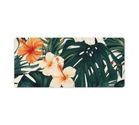 Tropical Summer Hawaiian Flower Palm Leaves Desk Mat with Stitched Edges, Rubber Mouse Mat for Keyboard Mats Non-Slip Waterproof Desk Pad Office Supplies Large Gaming Mouse Pad for Home Work