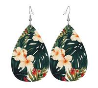 Tropical Summer Hawaiian Flower Palm Leaves Earrings for Women Teardrop Leather Earrings Double Sided Dangle Earrings Lightweight Women Ear Accessories Fashion Jewelry