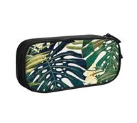Tropical Summer Hawaiian Flower Palm Leaves Large Capacity Double Layer Pencil Case for Students,Customizable Full Print Polyester Fabric Organizer-School, Office, Travel Makeup Pouch