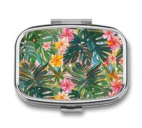 Tropical Summer Hawaiian Flower Palm Leaves Pill Box 2 Compartment - Small Metal Medicine Organizer Portable Pill Case for Purse Pocket Travel Vitamin Organizer for Men Women, BPA-Free