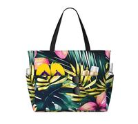 Tropical Summer Hawaiian Flower Palm Leaves Print Beach Bags for Women Large Sandproof Beach Tote Pool Bag with Zipper for Vacation Travel