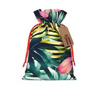 Tropical Summer Hawaiian Flower Palm Leaves Print Birthday Gifts Wrap Bag Unique Drawstring Gifts Bag Canvas Bags for Party Wedding Present,1 Piece M