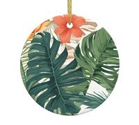 Tropical Summer Hawaiian Flower Palm Leaves Print Christmas Ornaments Couple Gifts For Him Her Christmas Tree Decoration Ceramic Hanging Ornament Anniversary