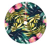 Tropical Summer Hawaiian Flower Palm Leaves Print Christmas Tree Skirt Xmas Tree Skirts Mat 48 Inches For Indoor Holiday Party Merry Christmas