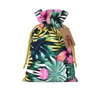 Tropical Summer Hawaiian Flower Palm Leaves Print Drawstring Gift Bags,For Holiday Season,Birthdays,Anniversaries And Any Special Occasion
