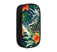 Tropical Summer Hawaiian Flower Palm Leaves Print Large Pencil Case, Zip Smooth Pencil Pouch for Girls Boys with 2 Compartment Multifunctional Pencils Bag for School Office Travel Makeup Bags, Black