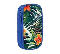 Tropical Summer Hawaiian Flower Palm Leaves Print Large Pencil Case, Zip Smooth Pencil Pouch for Girls Boys with 2 Compartment Multifunctional Pencils Bag for School Office Travel Makeup Bags, Blue