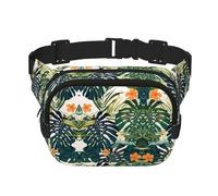 Tropical Summer Hawaiian Flower Palm Leaves Print Unisex Square Double Layer Waist Bag Crossbody Fanny Pack Travel Workout Accessory, Black, One Size