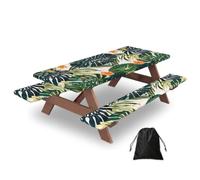 Tropical Summer Hawaiian Flower Palm Leaves Print Waterproof Picnic Table Cover With Bench Cover Set Of 3 Elastic Edge Durable Outdoor Tablecloth
