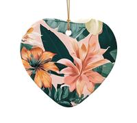 (Tropical Summer Hawaiian Flower Palm Leaves) Printed Christmas Tree Ceramic Ornaments Pendants 1 PCS Xmas Ornaments for Novel Heart Shape