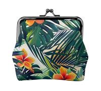 Tropical Summer Hawaiian Flower Palm Leaves Printed Coin Purse for Women Cute PU Leather Coin Wallet Mini Coin Purse Pouch with Kiss-Lock