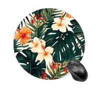 Tropical Summer Hawaiian Flower Palm Leaves Round Mouse Pad, Non-Slip Rubber Base Waterproof Washable, Computer Mouse Mat for Office Gaming Studying, Premium-Textured Durable Portable Circle Mousepad