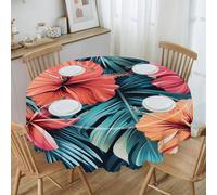 Tropical Summer Hawaiian Flower Palm Leaves Round Tablecloth Wipeable Round Polyester Tablecloth Waterproof Wrinkle Free Indoor And Outdoor Table Cover 60 Inch Decorative Farmhouse Table Cloth for Din