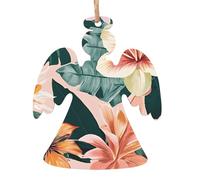 Tropical Summer Hawaiian Flower Palm Leaves Wooden Christmas Ornament Angel Shape Personalized Hanging Ornament Pendant Decoration for Xmas Tree Holiday Party Home Farmhouse Decor 4 PCS