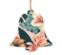 Tropical Summer Hawaiian Flower Palm Leaves Wooden Christmas Ornament Bell Shape Personalized Hanging Ornament Pendant Decoration for Xmas Tree Holiday Party Home Farmhouse Decor 4 PCS