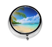 Tropical Sunny Beach Printed Round Pill Organizer with 3 Compartments, Portable Mini Pill Box Pill Case for Medicine, Vitamin, Fish Oil, Supplements