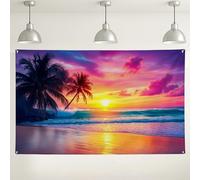 Tropical Sunset Beach Backdrop, Colorful Palm Tree Ocean View Decorations, Summer Photography Background for Parties and Events 71x43 Inch