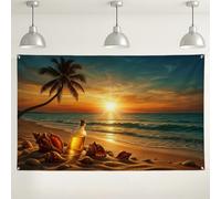 Tropical Sunset Beach Backdrop, Palm Ocean Scenic Photography Background, Summer Nautical Party Decorations, Coastal Wall Art for Events 71x43 Inch
