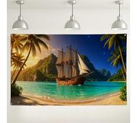 Tropical Sunset Beach Backdrop, Vintage Ship Scenic Photography Background, Ocean View Party Decorations for Events, Summer Themed Wall Decor 71x43 Inch