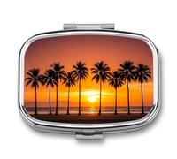 Tropical Sunset Beach Pill Box 2 Compartment Travel Pill Organizer with Mirror Design Portable Pillcase for Pocket Or Purse Square Medicine Case Weekly Medicine Container Holder for Daily Meds