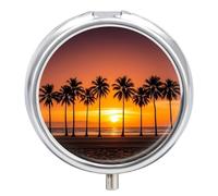 Tropical Sunset Beach Pill Box Travel Pill Case for Purse Pocket Weekly Medicine Organizer with Mirror 3 Compartment Round Medicine Case Portable PillcaseHolder for Daily