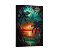 Tropical Sunset Beach Wall Art, Vivid Print, Seascape Poster, Exotic Canvas Picture, Alluring Decor for Living Room Bedroom Poster Decorative Painting Canvas Wall Posters And Art Picture Print Modern