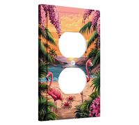 Tropical Sunset Light Switch Cover Plates/Outlet Covers, Peach Flamingos and Palm Trees for Beach Decor, Plastic Wall Plates, Standard Size Single Duplex Outlet