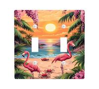 Tropical Sunset Light Switch Cover Plates/Outlet Covers, Peach Flamingos and Palm Trees for Beach Decor, Plastic Wall Plates, Standard Size Double Toggle