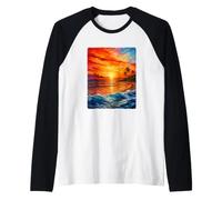Tropical Sunset Ocean Waves Oil Painting Raglan Baseball Tee