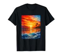 Tropical Sunset Ocean Waves Oil Painting T-Shirt
