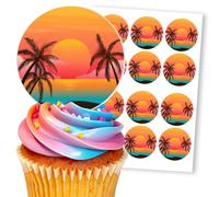 Tropical Sunset Palm Tree Beach, 12 Edible Paper 2.5" Cupcake Toppers
