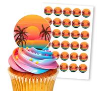 Tropical Sunset Palm Tree Beach, 30 Edible Paper 1.5" Cupcake Toppers