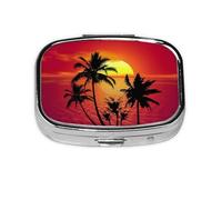 Tropical Sunset Palm Tree Print Pill Box 2 Compartment Medicine Pill Case,Portable for Pocket Or Purse Pill Box Decorative Metal Medicine Organizer