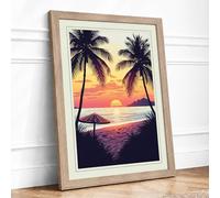 Tropical Sunset Palms Coastal Framed Wall Art Print A1 (84.1×59.4cm) Oak, Wall Decor for Living Room, Bedroom, Office & Home, Ready to Hang, Art Gift