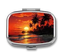 Tropical Sunset Pill Box Travel Pill Organizer 2 Compartment Weekly Pill Case with Mirror A Day Medicine Container Medicine Organizer for Purse, Pocket, Or Wallet