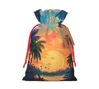 Tropical Sunset Print Christmas Drawstring Gift Bags With Cards For Xmas Party Decorations Holiday