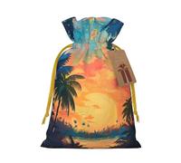 Tropical Sunset Print Christmas Drawstring Gift Bags With Cards For Xmas Party Decorations Holiday