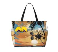 Tropical Sunset Print Large Capacity Beach Travel Bag, Waterproof Beach Tote Bag with Zip and Pocket, Tote Bags for Traveling, Shopping, Pool