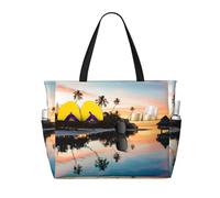 Tropical Sunset Print Large Waterproof Beach Tote Bag for Women with Zip and Pockets Foldable Handbag for Travel Pool Shopping Holiday Gym