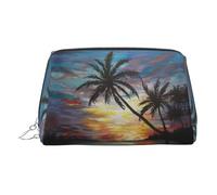 Tropical Sunset Print Makeup Bag, Cosmetic Bag,Women Pu Leather Cosmetic Bags with Wrist Strap Travel Toiletry Pouch Makeup Bag