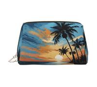 Tropical Sunset Print Makeup Bag, Cosmetic Bag,Women Pu Leather Cosmetic Bags with Wrist Strap Travel Toiletry Pouch Makeup Bag