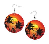Tropical Sunset Prints Leather Round Earrings Pendant Stylish And Light Lightweight Dangle For Women Girls, One Size, Leather, No Gemstone