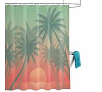 Tropical Sunset Shower Curtain for Bathroom, Green Red Gradient Beach Palm Tree Silhouette Waterproof Cloth Fabric Bathroom Accessories Set with 12 Rust Proof Plastic Hooks, 72” x 72”